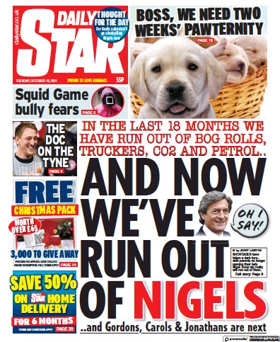 Daily Star Newspaper Front Page (UK) for 19 October 2021