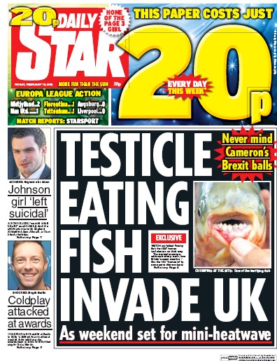 Daily Star Newspaper Front Page (UK) for 19 February 2016