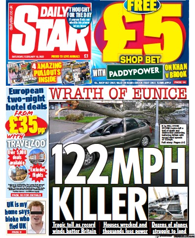 Daily Star Newspaper Front Page (UK) for 19 February 2022