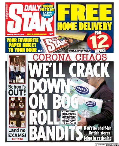 Daily Star Newspaper Front Page (UK) for 19 March 2020