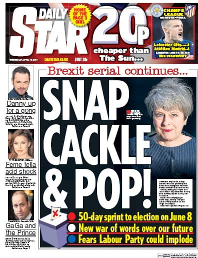 Daily Star Newspaper Front Page (UK) for 19 April 2017
