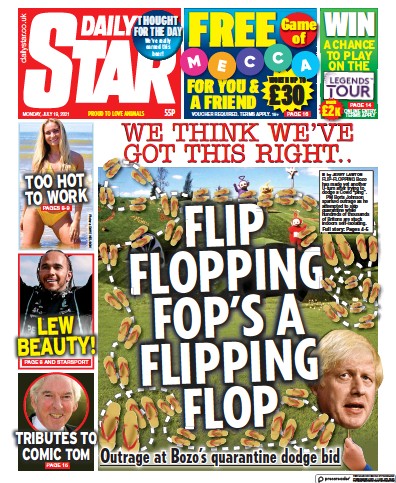 Daily Star Newspaper Front Page (UK) for 19 July 2021