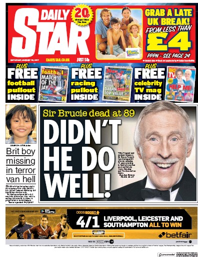 Daily Star Newspaper Front Page (UK) for 19 August 2017