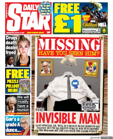 Daily Star Newspaper Front Page (UK) for 19 August 2020