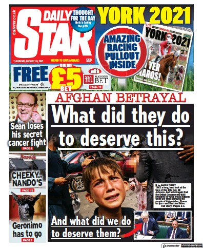Daily Star Newspaper Front Page (UK) for 19 August 2021