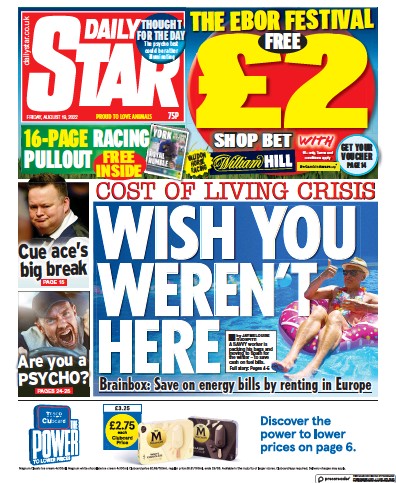 Daily Star Newspaper Front Page (UK) for 19 August 2022