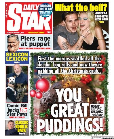 Daily Star Newspaper Front Page (UK) for 1 October 2020