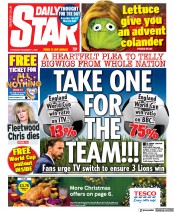 Daily Star (UK) Newspaper Front Page for 1 December 2022