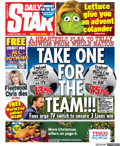 Daily Star Newspaper Front Page (UK) for 1 December 2022