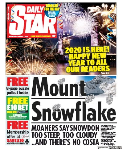 Daily Star Newspaper Front Page (UK) for 1 January 2020