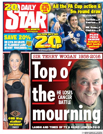 Daily Star Newspaper Front Page (UK) for 1 February 2016