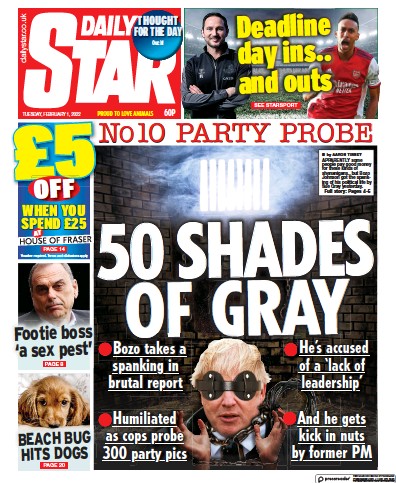 Daily Star Newspaper Front Page (UK) for 1 February 2022