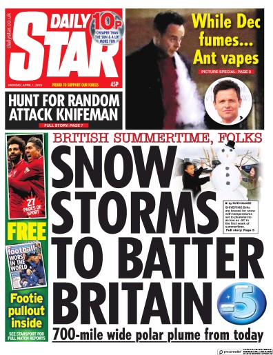 Daily Star Newspaper Front Page (UK) for 1 April 2019