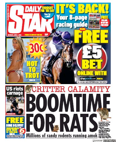 Daily Star Newspaper Front Page (UK) for 1 June 2020