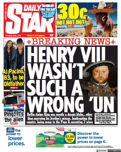 Daily Star Newspaper Front Page (UK) for 1 June 2023