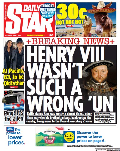 Daily Star Newspaper Front Page (UK) for 1 June 2023