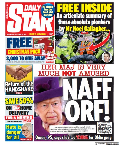 Daily Star Newspaper Front Page (UK) for 20 October 2021