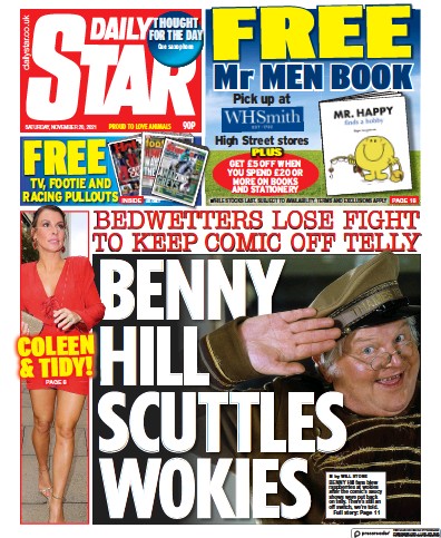 Daily Star Newspaper Front Page (UK) for 20 November 2021