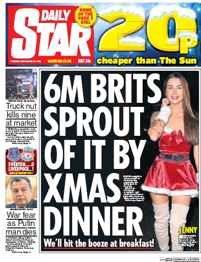 Daily Star Newspaper Front Page (UK) for 20 December 2016