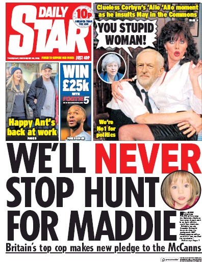 Daily Star Newspaper Front Page (UK) for 20 December 2018