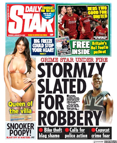 Daily Star Newspaper Front Page (UK) for 20 January 2020