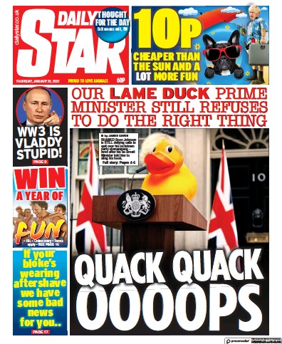 Daily Star Newspaper Front Page (UK) for 20 January 2022