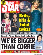 Daily Star (UK) Newspaper Front Page for 20 February 2014