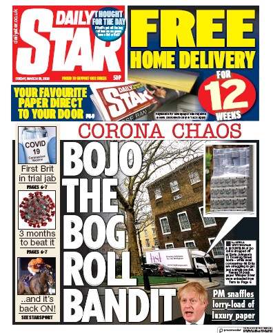 Daily Star Newspaper Front Page (UK) for 20 March 2020