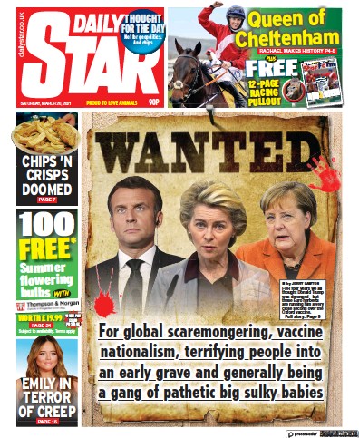 Daily Star Newspaper Front Page (UK) for 20 March 2021