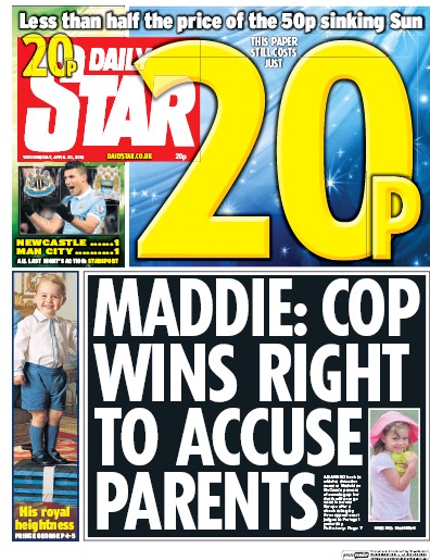 Daily Star Newspaper Front Page (UK) for 20 April 2016