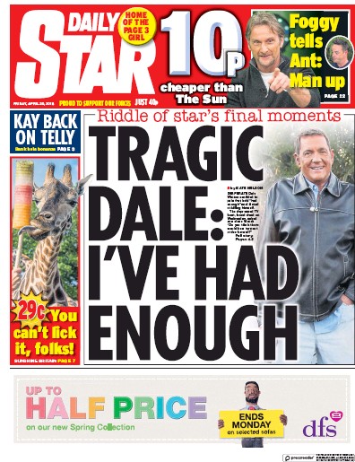 Daily Star Newspaper Front Page (UK) for 20 April 2018