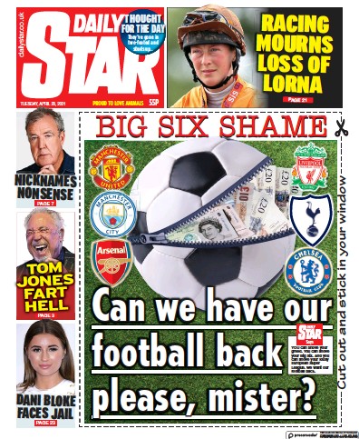 Daily Star Newspaper Front Page (UK) for 20 April 2021