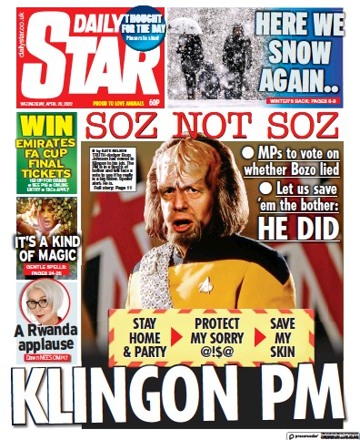 Daily Star Newspaper Front Page (UK) for 20 April 2022