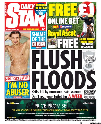 Daily Star Newspaper Front Page (UK) for 20 June 2019