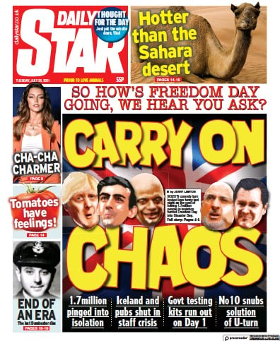 Daily Star Newspaper Front Page (UK) for 20 July 2021