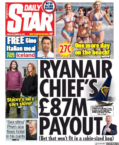 Daily Star Newspaper Front Page (UK) for 20 September 2019