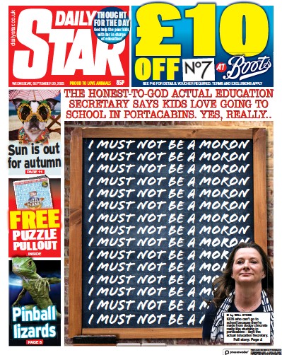 Daily Star Newspaper Front Page (UK) for 20 September 2023