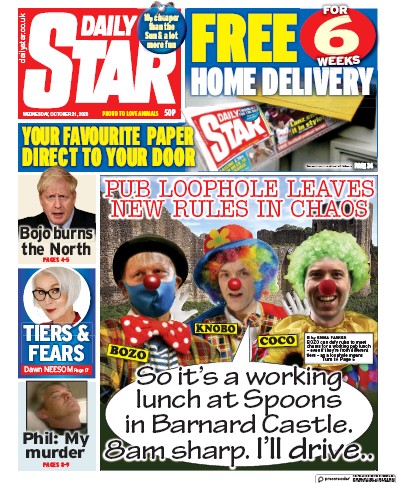 Daily Star Newspaper Front Page (UK) for 21 October 2020