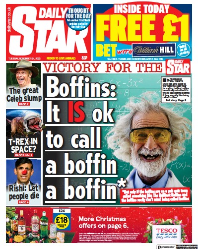 Daily Star Newspaper Front Page (UK) for 21 November 2023