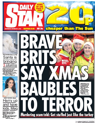 Daily Star Newspaper Front Page (UK) for 21 December 2016