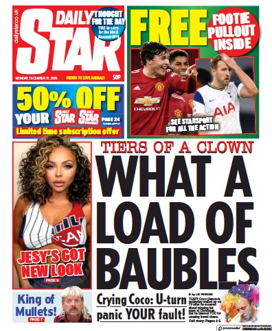 Daily Star Newspaper Front Page (UK) for 21 December 2020