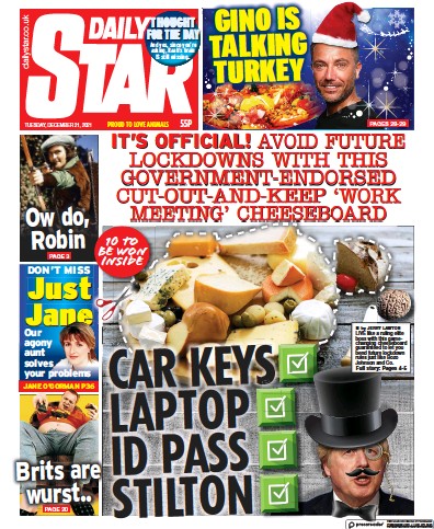 Daily Star Newspaper Front Page (UK) for 21 December 2021