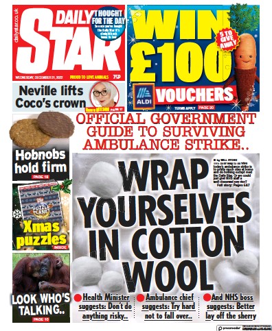 Daily Star Newspaper Front Page (UK) for 21 December 2022