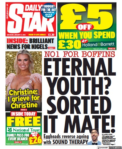 Daily Star Newspaper Front Page (UK) for 21 January 2023