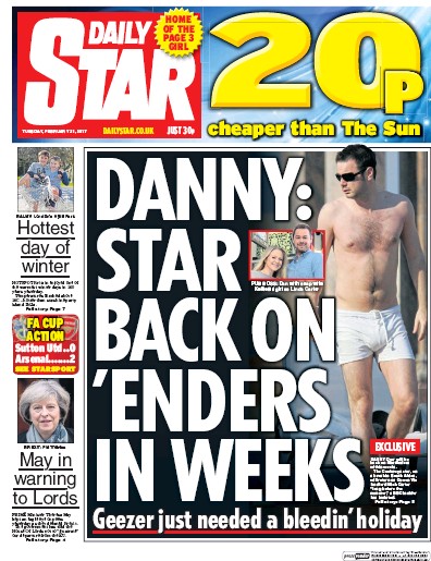Daily Star Newspaper Front Page (UK) for 21 February 2017