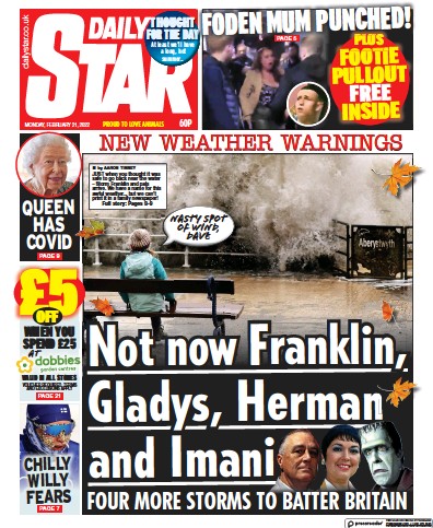 Daily Star Newspaper Front Page (UK) for 21 February 2022