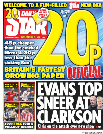 Daily Star Newspaper Front Page (UK) for 21 March 2016