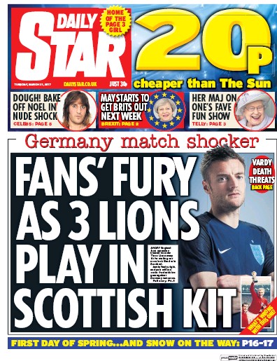 Daily Star Newspaper Front Page (UK) for 21 March 2017