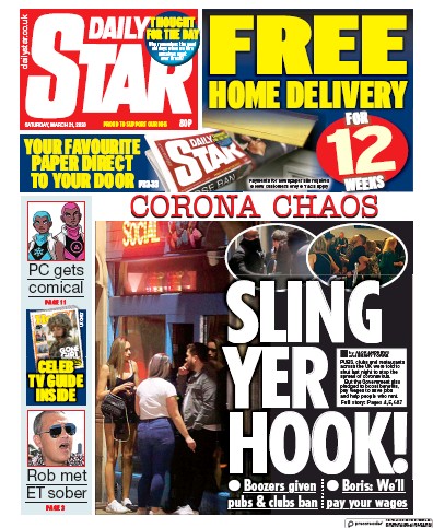 Daily Star Newspaper Front Page (UK) for 21 March 2020
