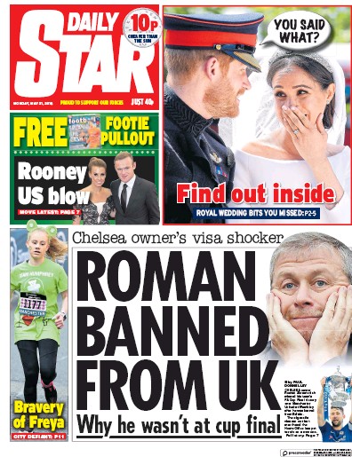 Daily Star Newspaper Front Page (UK) for 21 May 2018